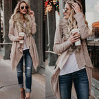 Damen Strickmantel mit kuscheligem Kunstfellkragen und asymmetrischem Schnitt EB