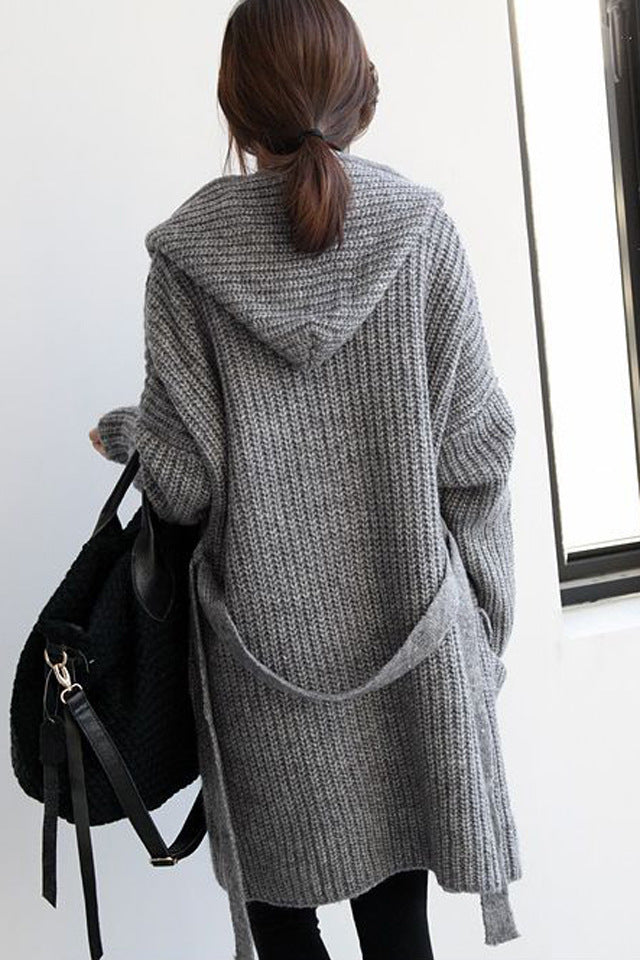 Damen Grober Strickmantel mit Kapuze und offenem Schnitt EB