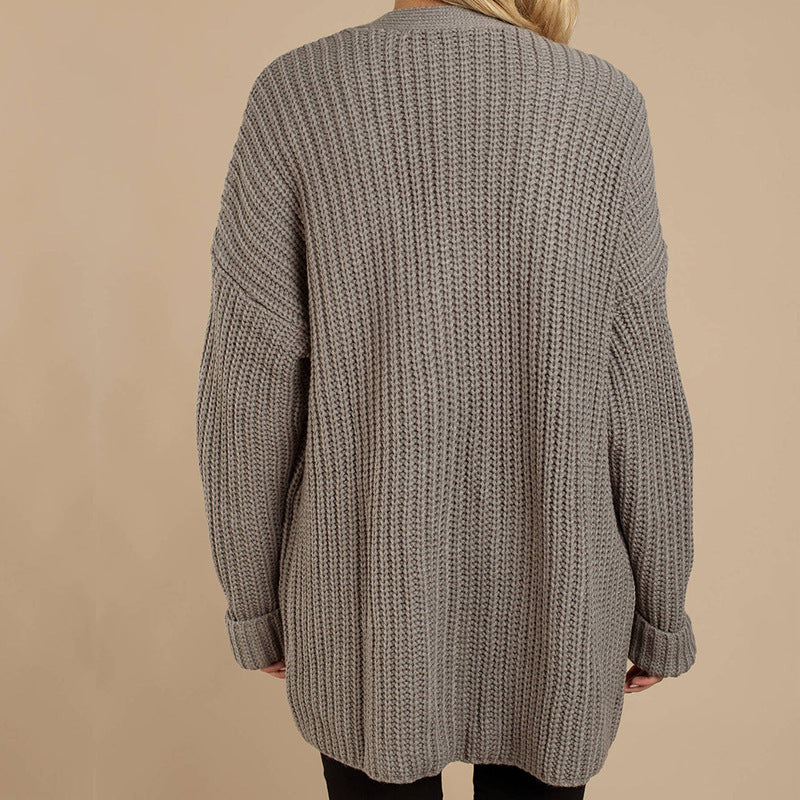Damen Grob gestrickte Kuscheljacke mit tiefem V-Ausschnitt und lässigem Schnitt EB