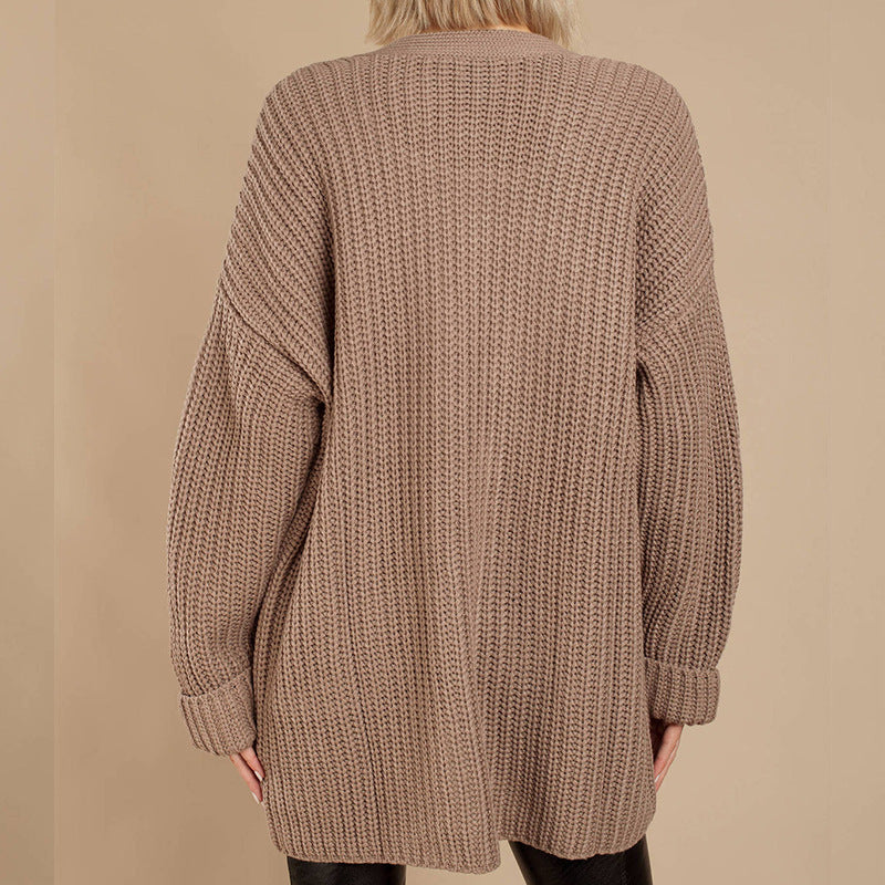 Damen Grob gestrickte Kuscheljacke mit tiefem V-Ausschnitt und lässigem Schnitt EB