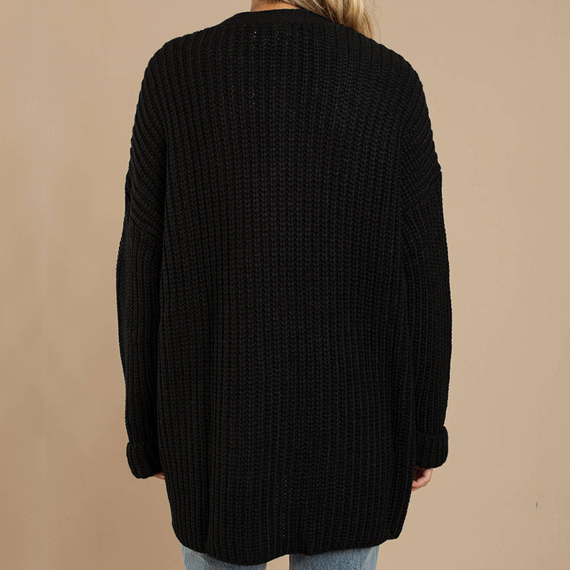 Damen Grob gestrickte Kuscheljacke mit tiefem V-Ausschnitt und lässigem Schnitt EB