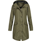 Damen nan wasserfester langer Regenmantel mit Kapuze und tailliertem Schnitt EB