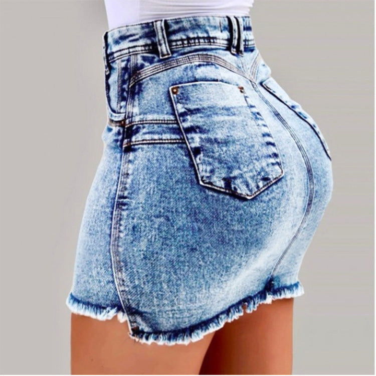 Damen Denim-Minirock im figurbetonten Schnitt mit fransigem Saum EB