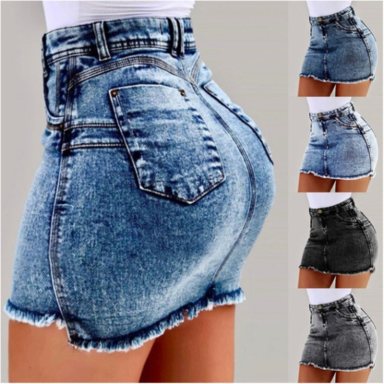 Damen Denim-Minirock im figurbetonten Schnitt mit fransigem Saum EB