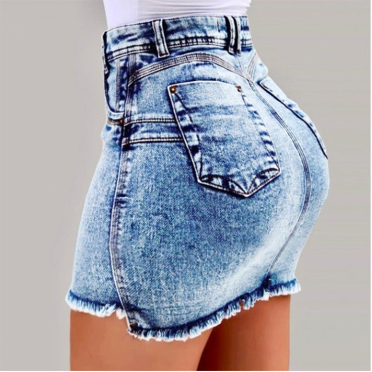 Damen Denim-Minirock im figurbetonten Schnitt mit fransigem Saum EB