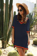 Damen luftiger Kaftan mit buntem Häkelbesatz R&B