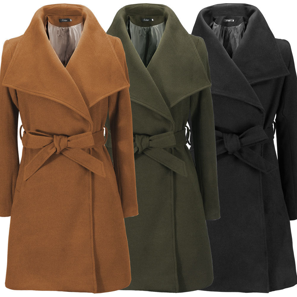 Damen eleganter Wickelmantel mit großem Kragen und Gürteldetail EB