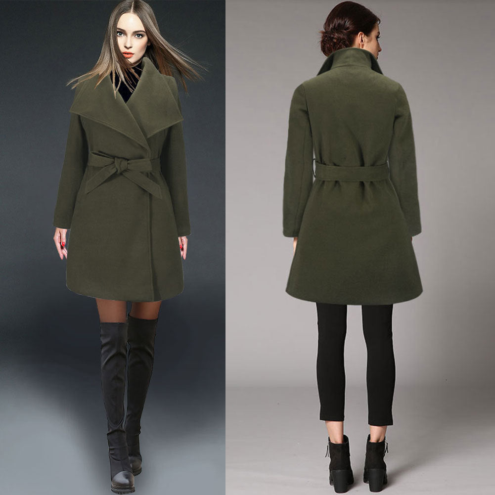 Damen eleganter Wickelmantel mit großem Kragen und Gürteldetail EB