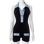 EB | Polokragen Denim kontrastierenden Jumpsuit Shorts