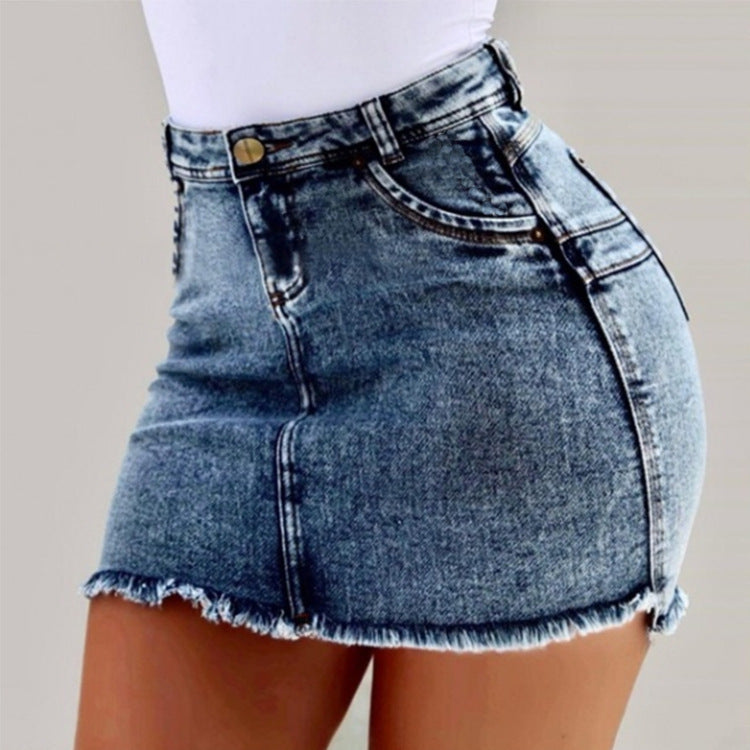 Damen figurbetonter Denim-Minirock mit asymmetrischem Saum und fransigen Kanten EB