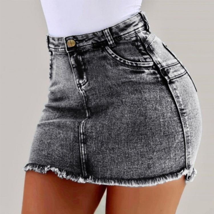 Damen figurbetonter Denim-Minirock mit asymmetrischem Saum und fransigen Kanten EB
