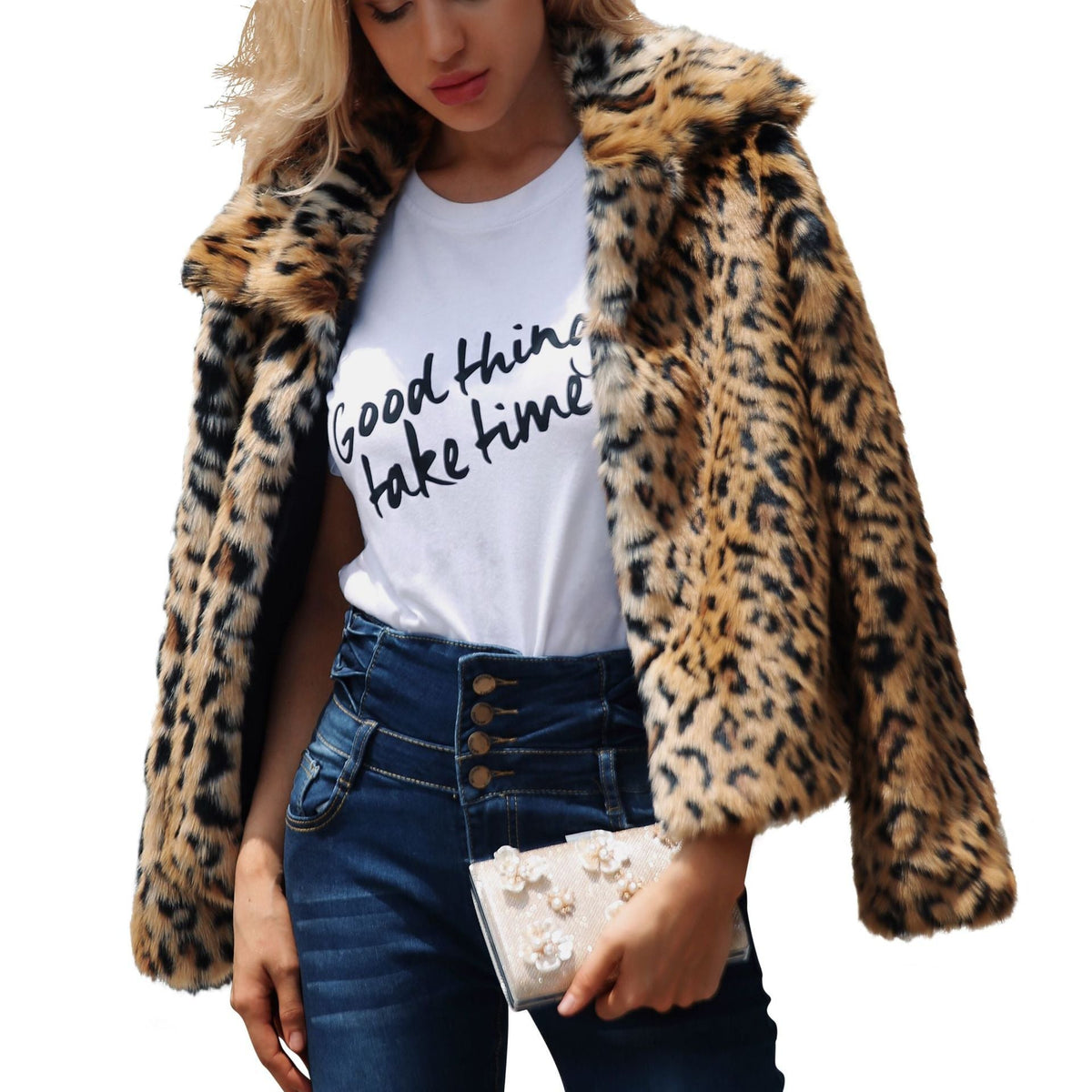 Damen Kunstfelljacke im eleganten Leopardenmuster mit modischem Schnitt EB