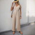 EB | V-Ausschnitt einfarbiger elastischer Overall mit hoher Taille und weitem Bein