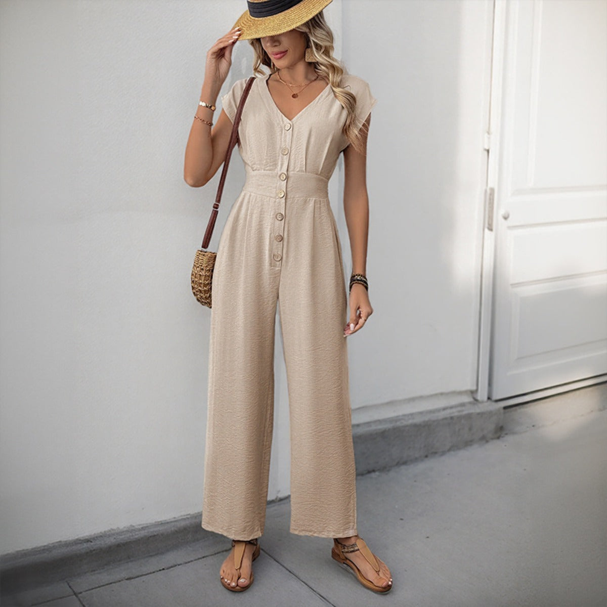 EB | V-Ausschnitt einfarbiger elastischer Overall mit hoher Taille und weitem Bein
