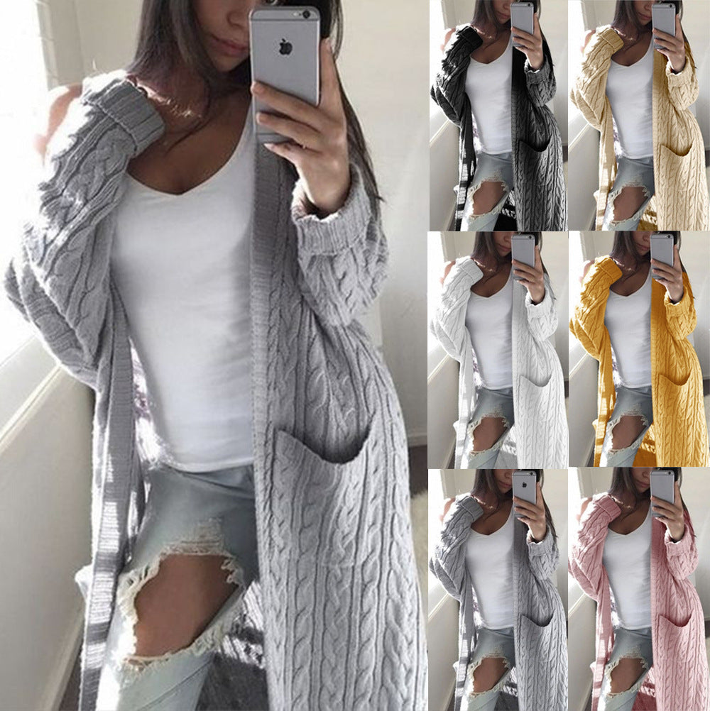 Damen gemusterter Strickmantel mit praktischen Taschen und offenem Schnitt EB