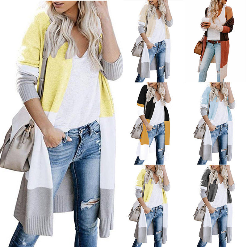Damen lässiger Strickmantel mit Farbblock-Design und offenem Schnitt EB