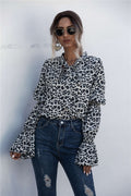 Damen Lockere Bluse mit weitem Ärmel und modischem Leomuster EB