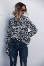Damen Lockere Bluse mit weitem Ärmel und modischem Leomuster EB