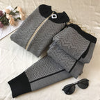 Damen modisches Strick-Loungewear-Set mit geometrischem Muster und elegantem Reißverschluss EB