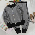 Damen modisches Strick-Loungewear-Set mit geometrischem Muster und elegantem Reißverschluss EB