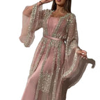 Damen Elegante Kaftan Robe aus transparentem Stoff mit aufwendigen Verzierungen EB
