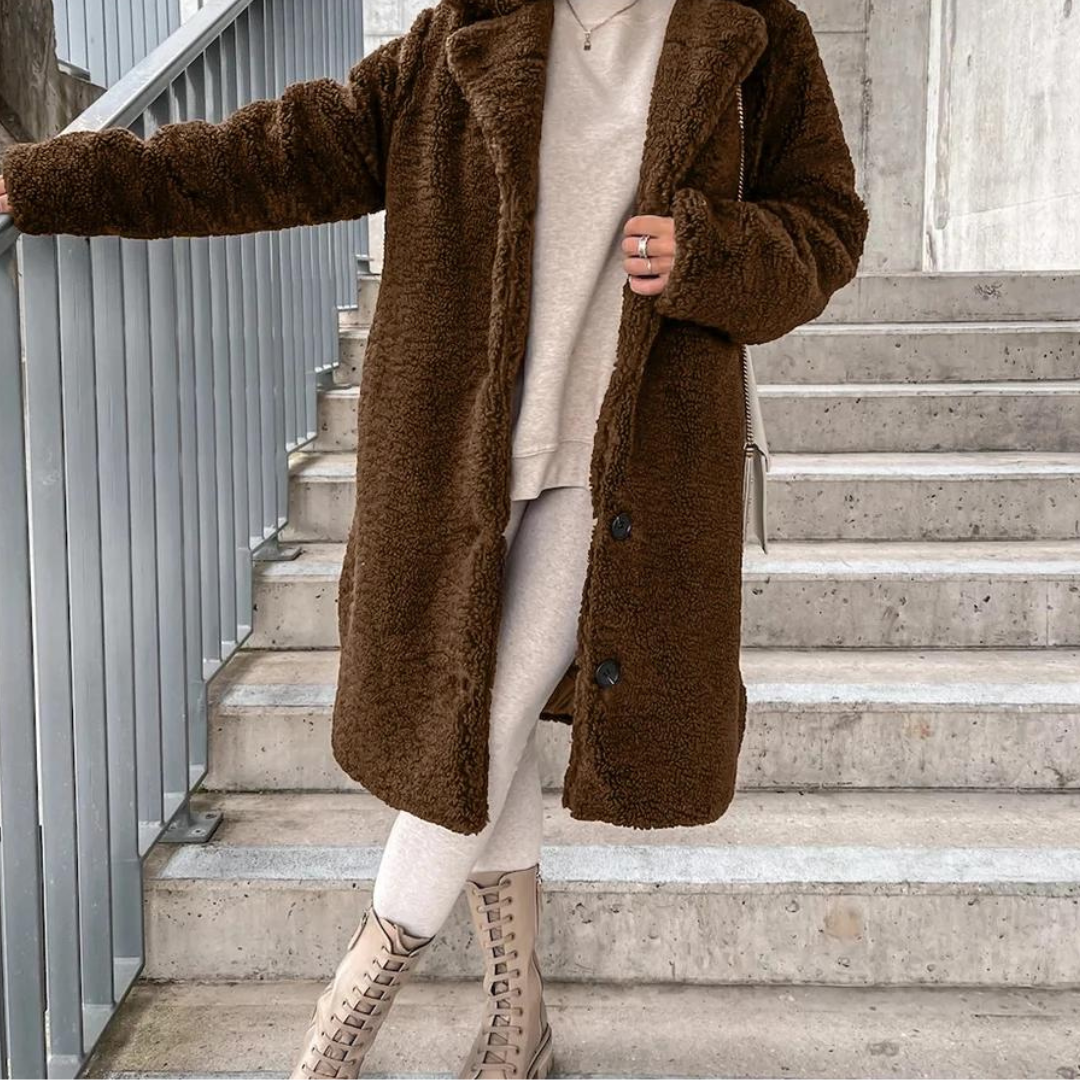 EB | Teddy-Mantel Langer Oversized-Schnitt Weich und Warm Druckknopfverschluss und Breiter Kragen
