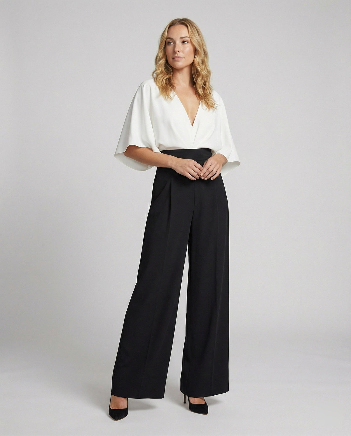 EB | Britischer Stil Eleganter Farbblock Tasche Kontrast V-Ausschnitt Lockere Jumpsuits