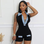EB | Polokragen Denim kontrastierenden Jumpsuit Shorts