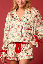 EB | Weihnachtsdruck Schnürung Bündchen Oberteil und elastischer Taillenbund Taschen Freizeit Shorts Set
