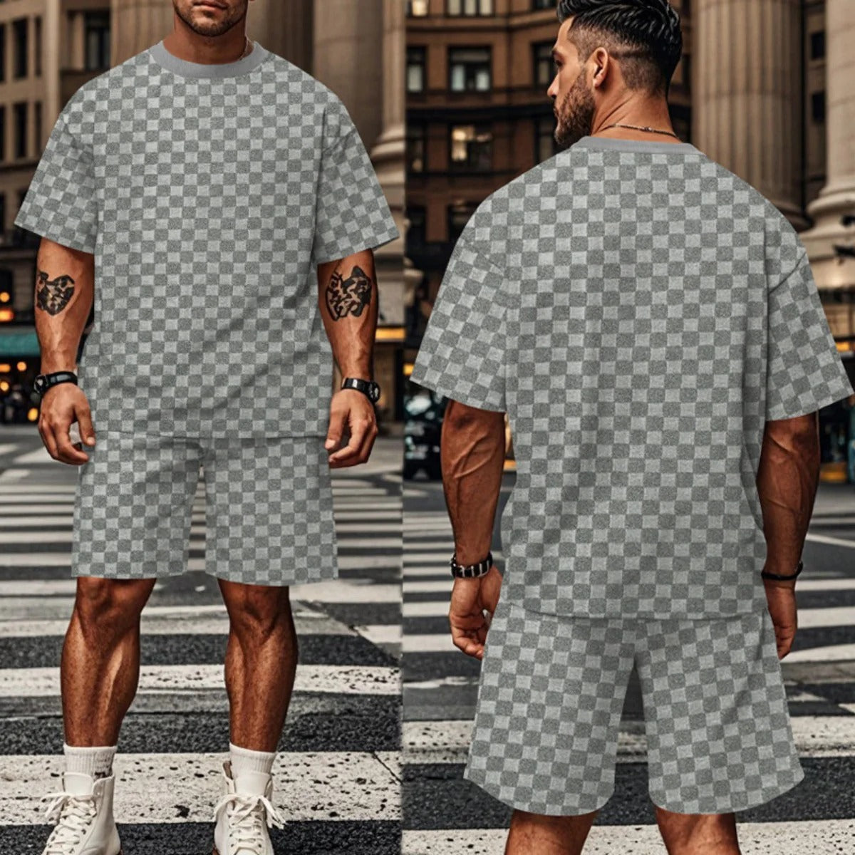 EB | Schachbrettmuster Kurzarm-Shorts-Set