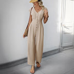 EB | V-Ausschnitt einfarbiger elastischer Overall mit hoher Taille und weitem Bein