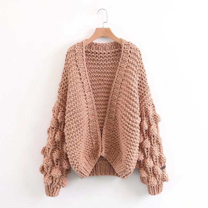 Damen Grob gestrickte Oversized-Jacke mit hohem Kragen und Kapuzendesign EB