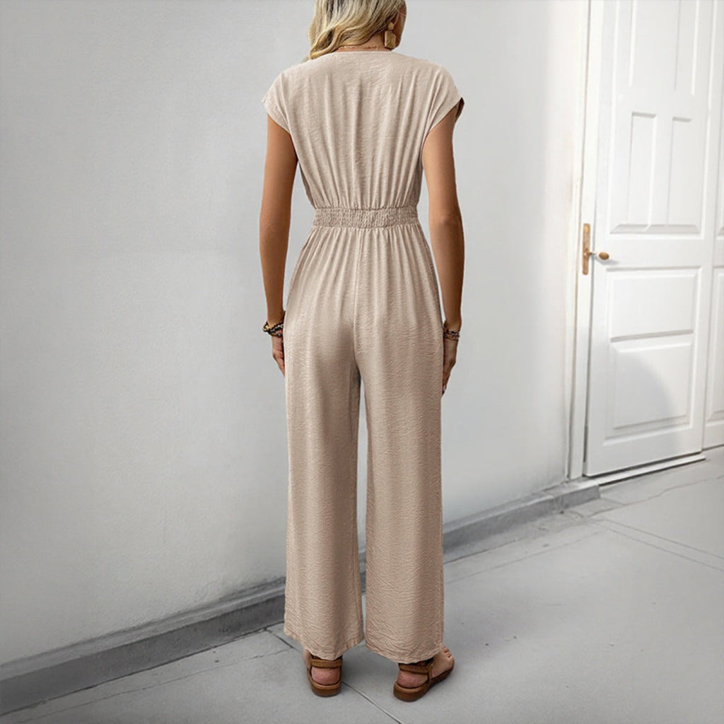 EB | V-Ausschnitt einfarbiger elastischer Overall mit hoher Taille und weitem Bein