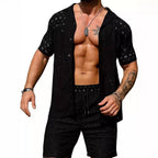 EB | Lässige Herren hohlen einfarbigen Hemd Kordelzug Shorts zweiteiliges Set