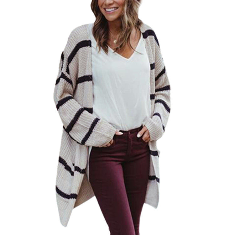 Damen Grobstrick-Cardigan mit gestreiftem Design und lässigem Schnitt EB