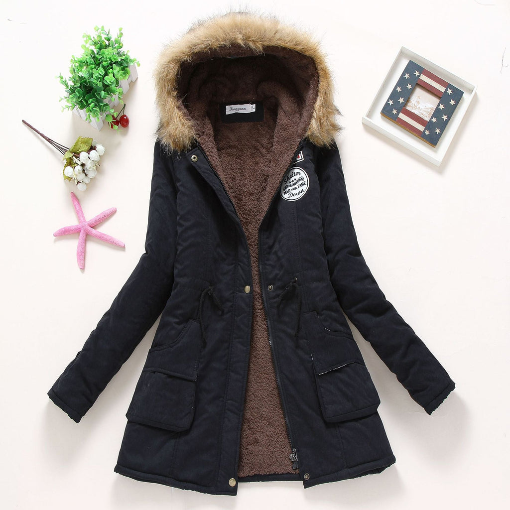 Damen Gesteppte Winterjacke mit Abnehmbarem Kunstfellkragen und Praktischen Aufgesetzten Taschen EB