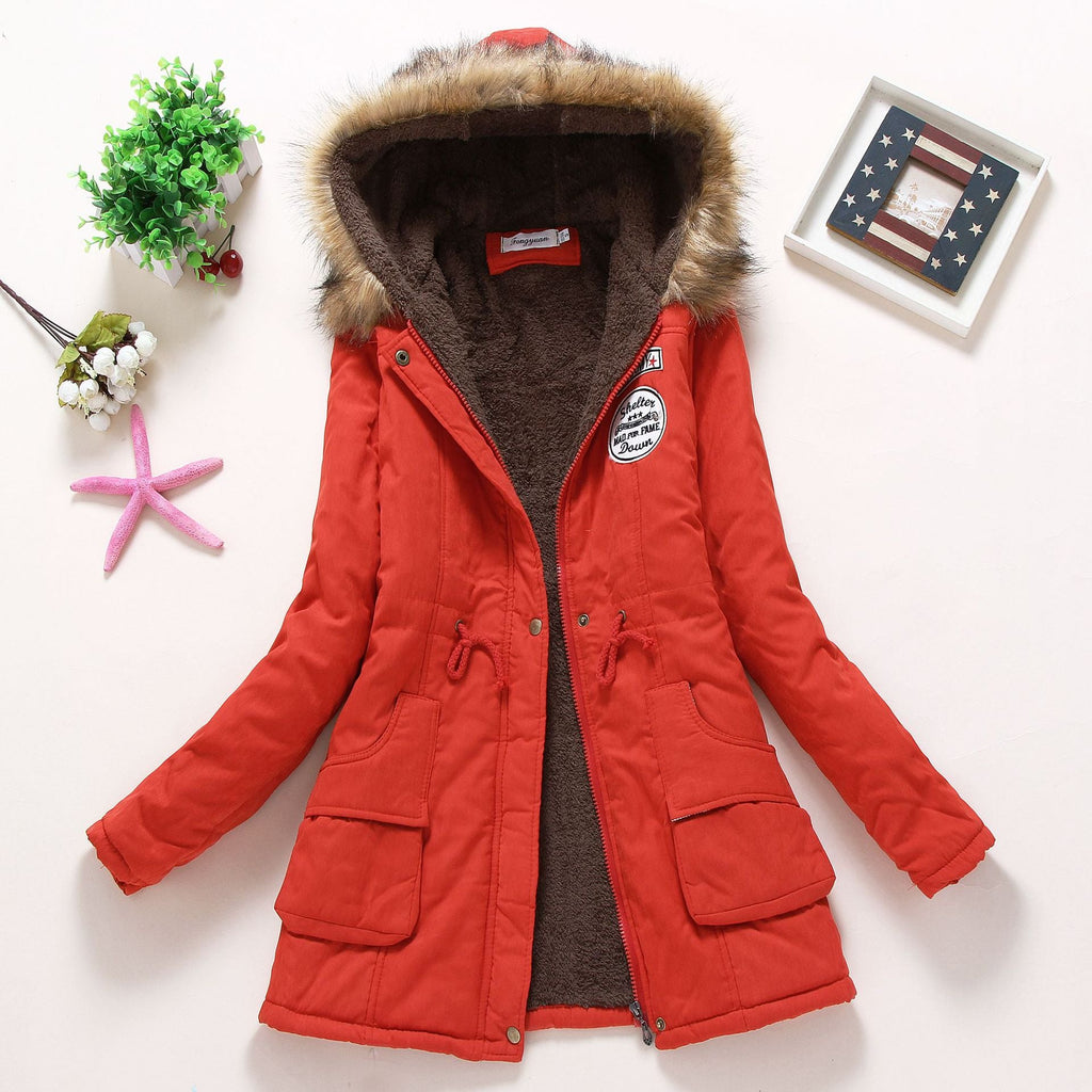 Damen Gesteppte Winterjacke mit Abnehmbarem Kunstfellkragen und Praktischen Aufgesetzten Taschen EB