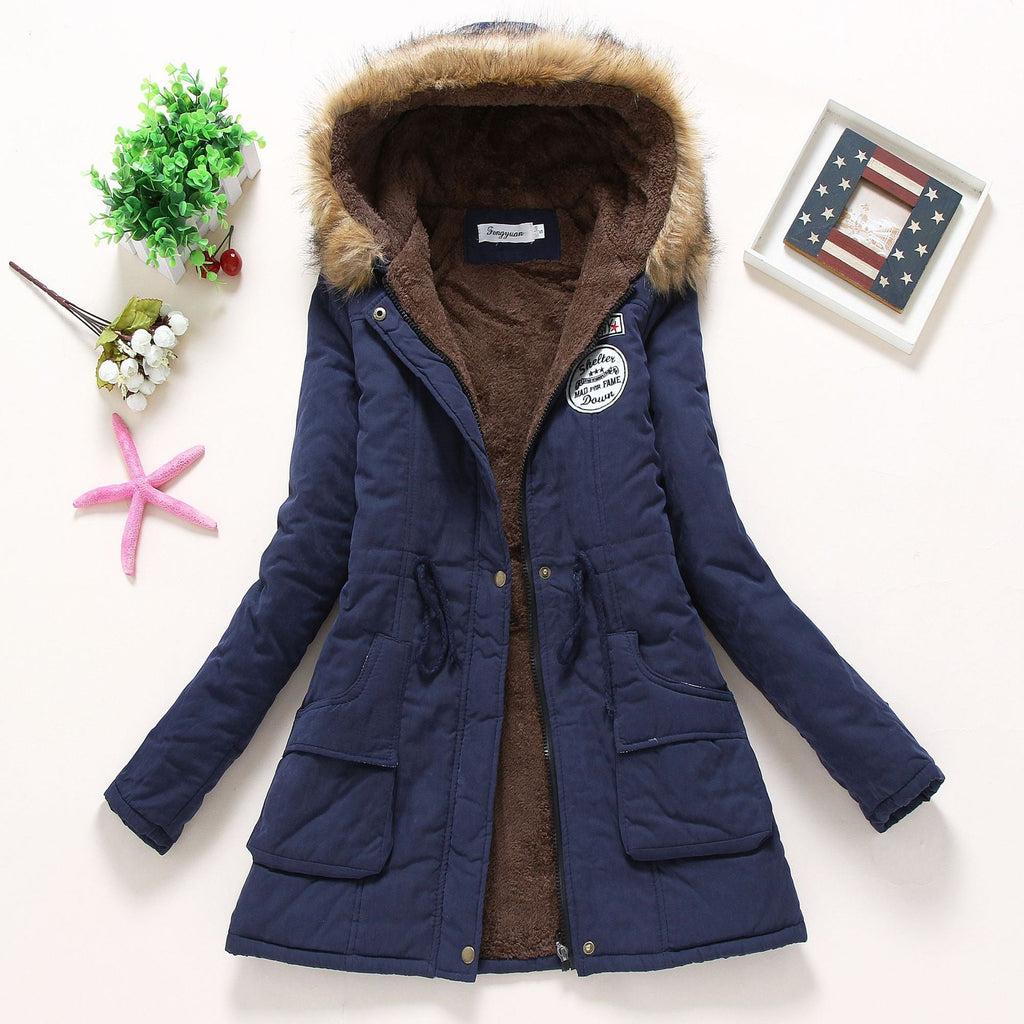 Damen Gesteppte Winterjacke mit Abnehmbarem Kunstfellkragen und Praktischen Aufgesetzten Taschen EB