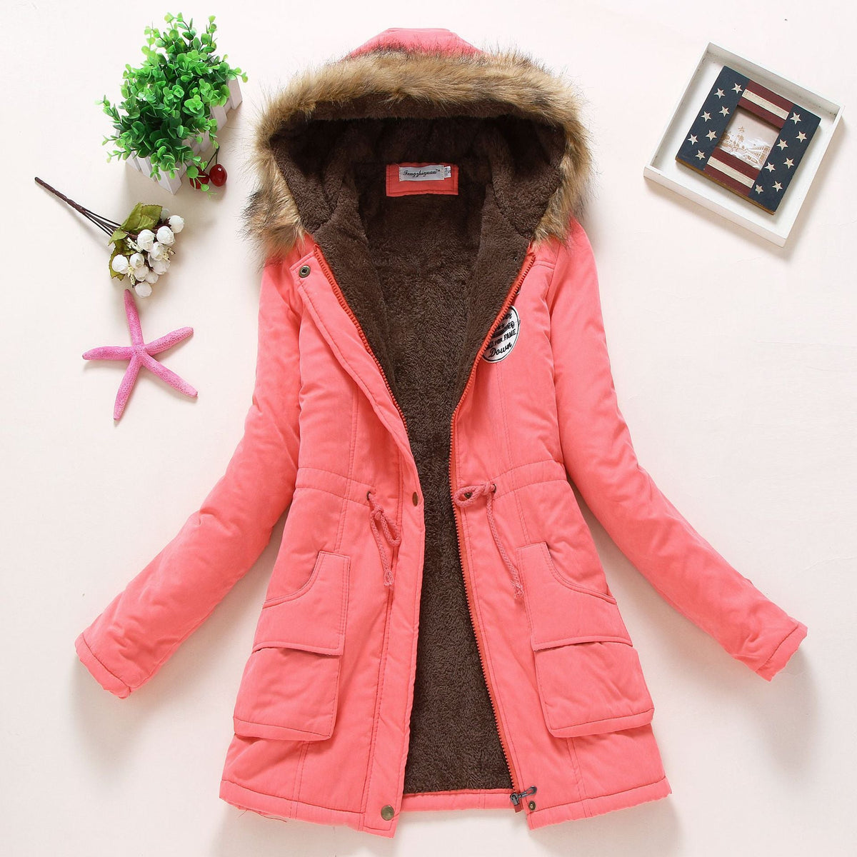 Damen Gesteppte Winterjacke mit Abnehmbarem Kunstfellkragen und Praktischen Aufgesetzten Taschen EB