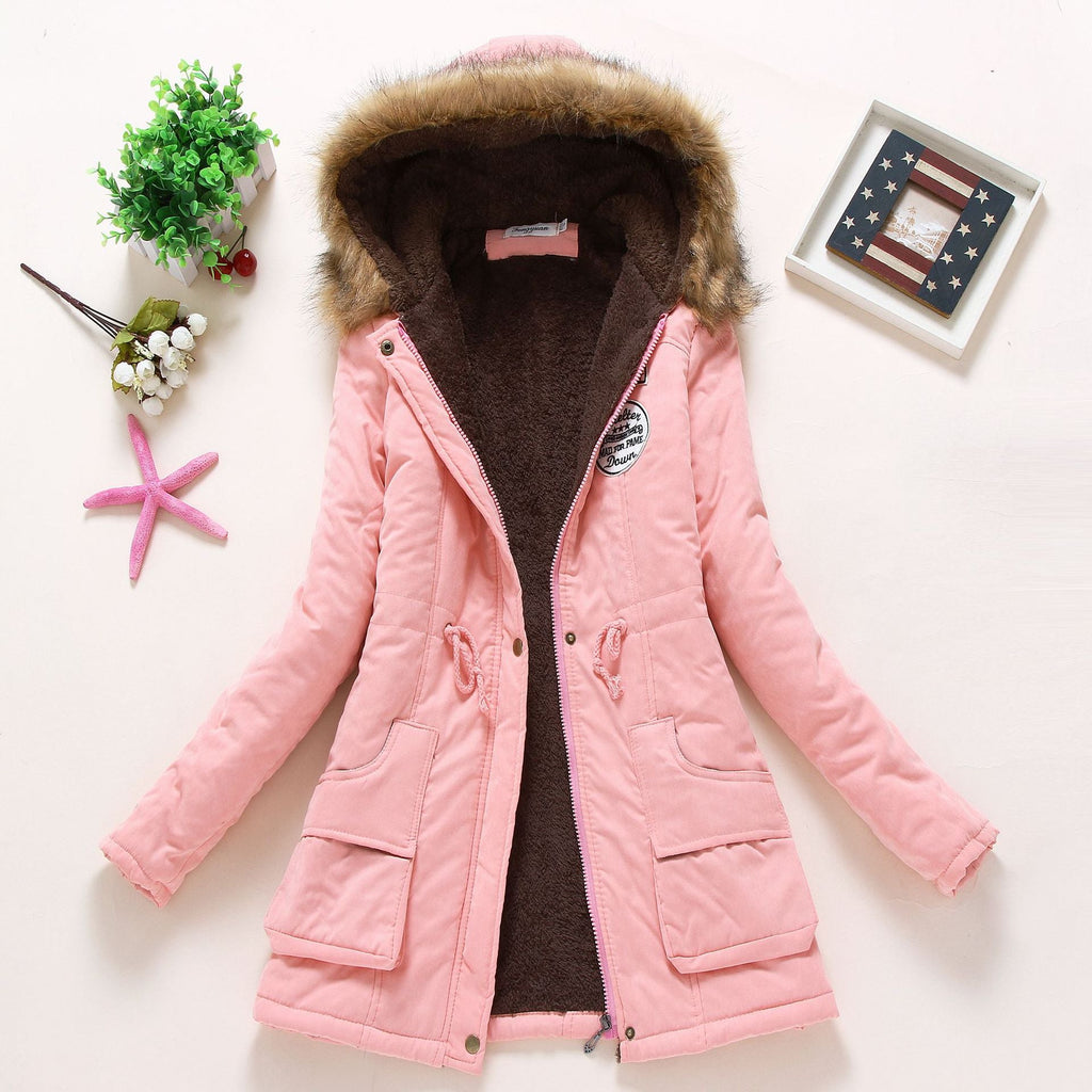 Damen Gesteppte Winterjacke mit Abnehmbarem Kunstfellkragen und Praktischen Aufgesetzten Taschen EB