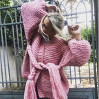Damen Grobstrick-Cardigan mit geflochtenem Gürtel und langen Ärmeln EB
