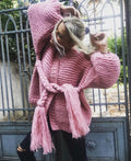 Damen Grobstrick-Cardigan mit geflochtenem Gürtel und langen Ärmeln EB