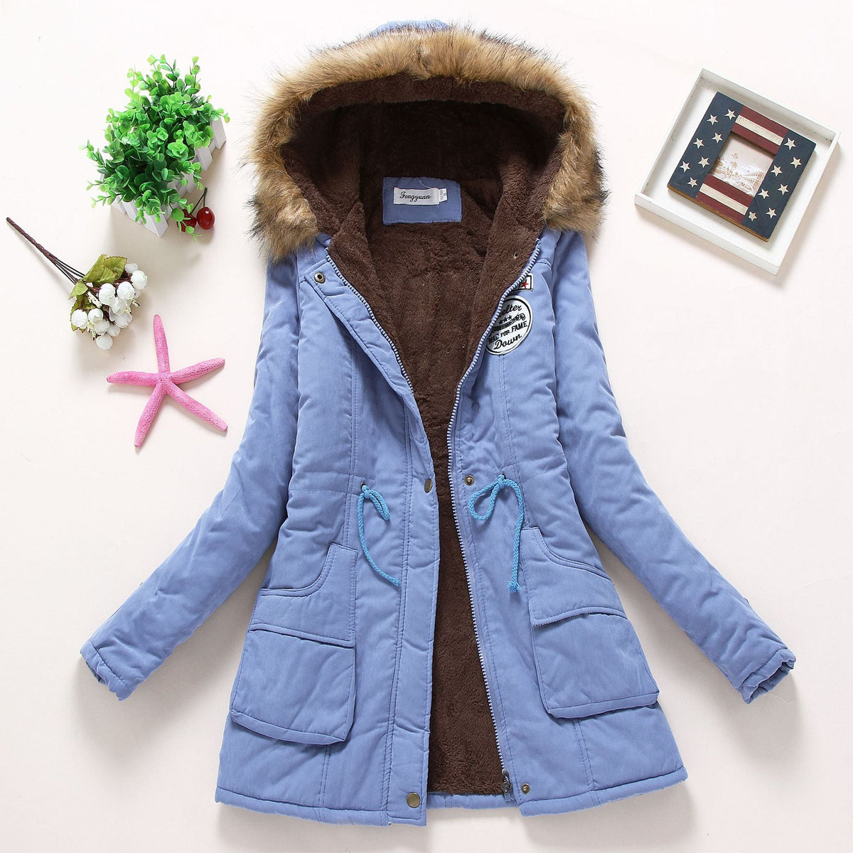 Damen Gesteppte Winterjacke mit Abnehmbarem Kunstfellkragen und Praktischen Aufgesetzten Taschen EB
