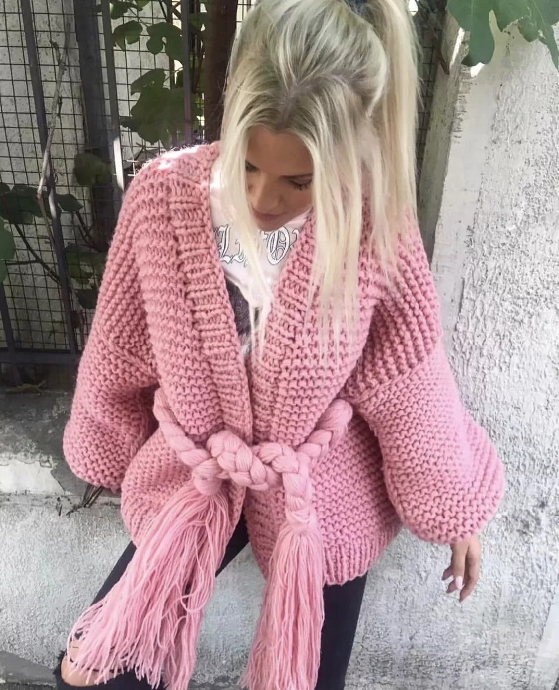 Damen Grobstrick-Cardigan mit geflochtenem Gürtel und langen Ärmeln EB