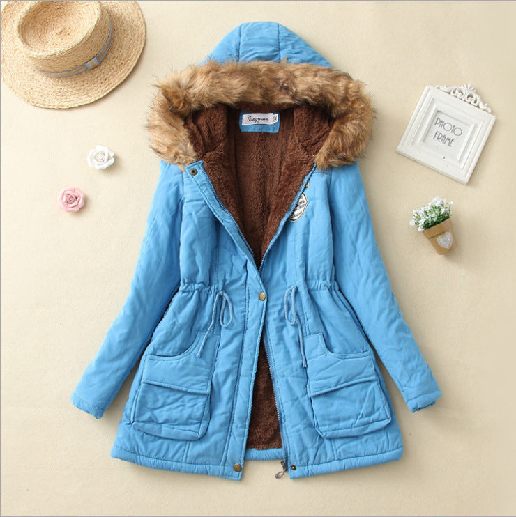 Damen Gesteppte Winterjacke mit Abnehmbarem Kunstfellkragen und Praktischen Aufgesetzten Taschen EB
