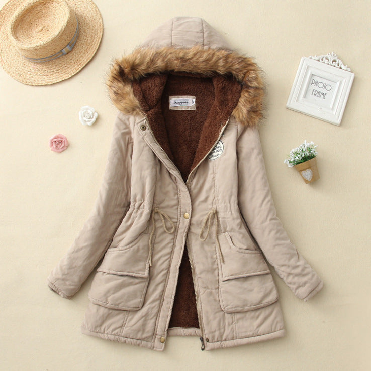 Damen Gesteppte Winterjacke mit Abnehmbarem Kunstfellkragen und Praktischen Aufgesetzten Taschen EB