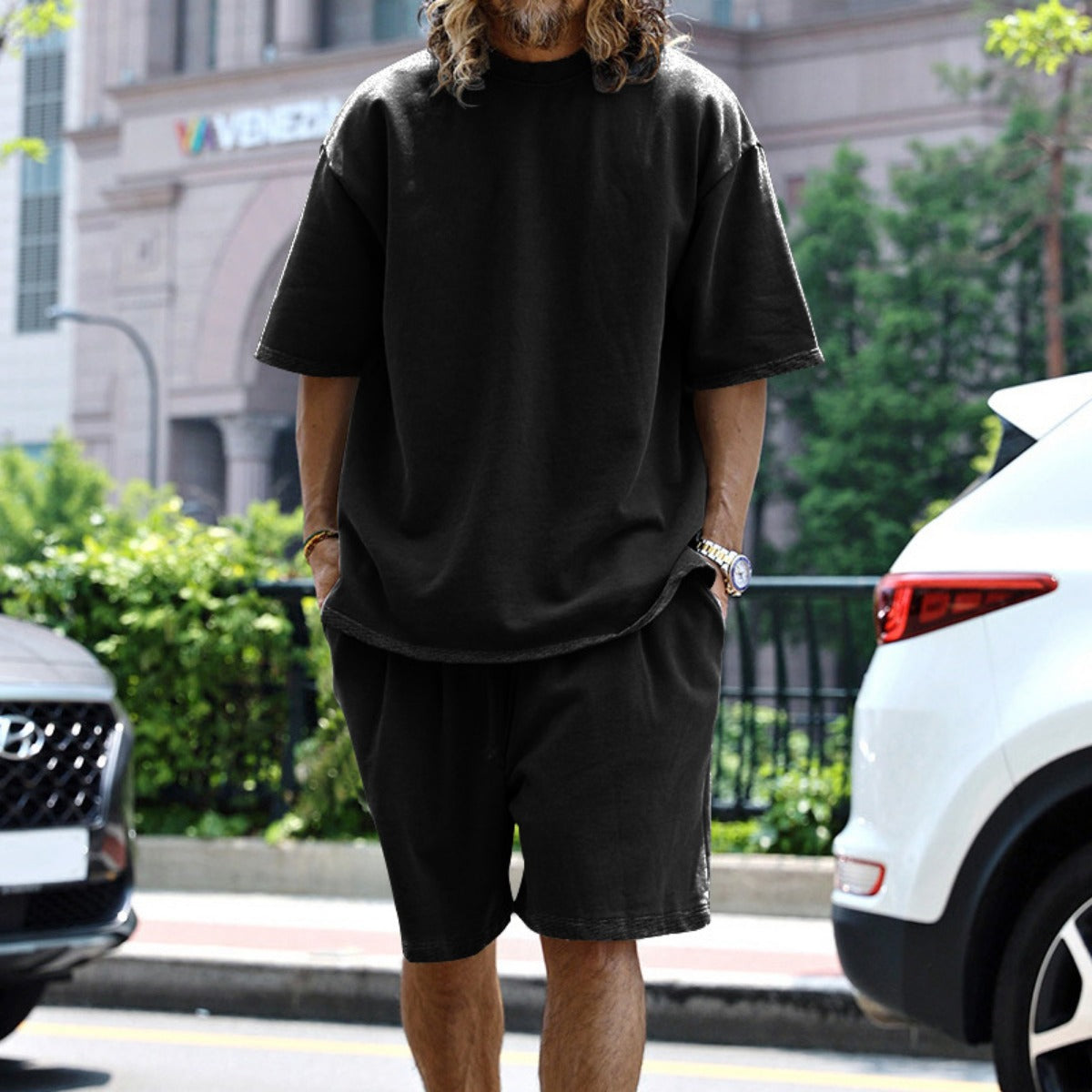 EB | Lockeres T-Shirt Shorts einfarbiges Set