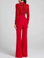 EB | Ausgestellte Jumpsuits Englische Stickerei Runder Ausschnitt Lange Ärmel Gürtel Frauen Elegant Lässig Slim Fitness