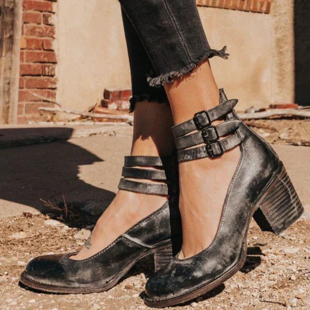 Chunky Heels - Damen Knöchelriemen Blockabsätze Geschlossene Zehen Schuhe EB
