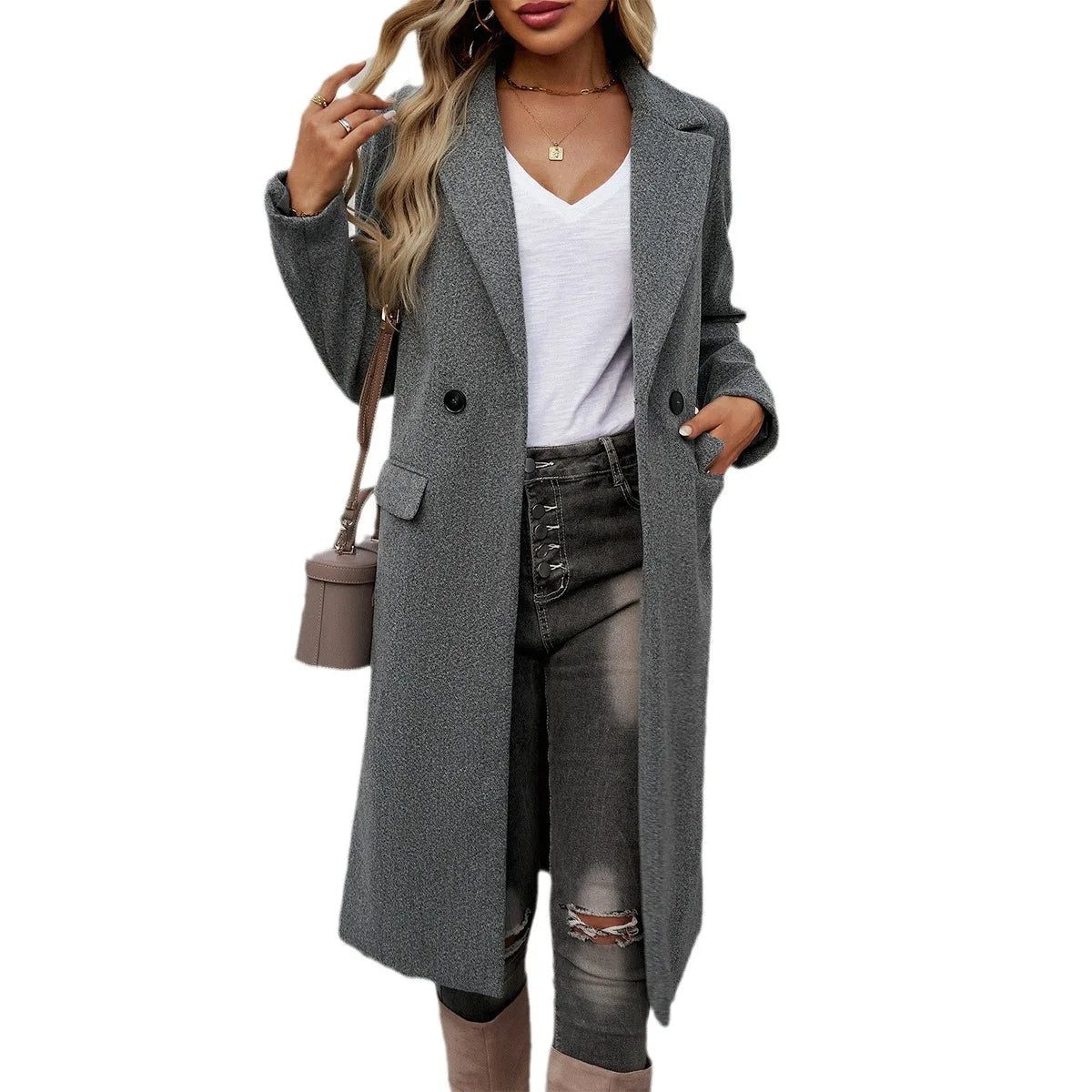 EB | Damen Eleganter Langer Trenchcoat mit Reverskragen und Einfachen Knöpfen